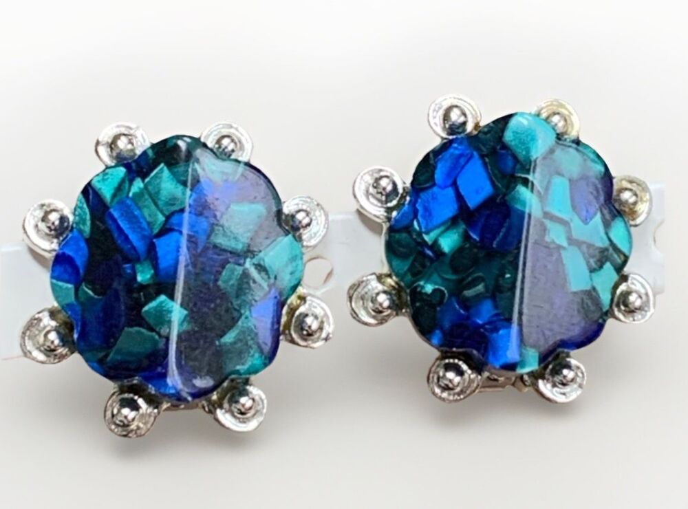 Vintage Blue Confetti Resin Clip On Earrings Mosaic Cabochon Silver Tone